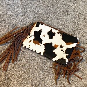 Wrangler Cow Print Clutch with Fringe